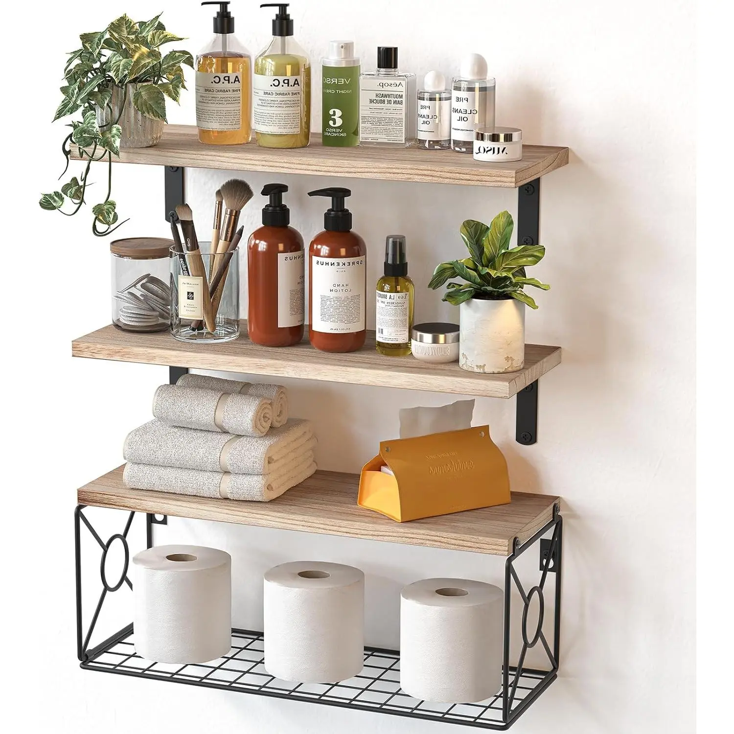 Bathroom Shelves Over Toilet with Storage Basket, Floating Wall Shelf for Home Organization & Wall Decor, Bathroom/Kitchen/Living Room Shelves–Natural Wood