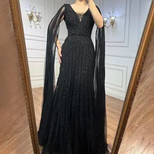 Black Arabic Cape Sleeves Evening Dress 2025 - Luxury Beaded A-Line Gown for Women's Party