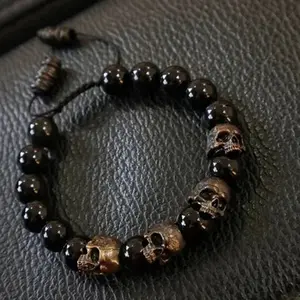 Men'S Punk Gothic Bracelet,Black Obsidian Skull Bead Bracelet, Adjustable Woven Natural Stone Bracelet Black Onyx Stress Relieving, Soothing, Healing Weaving Hand Rope
