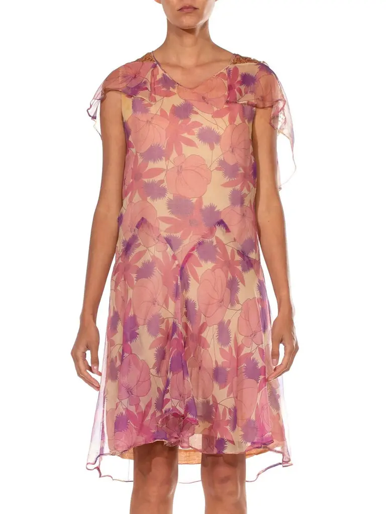 1920S Pink & Purple Silk Chiffon Floral Back Lace Cape Dress