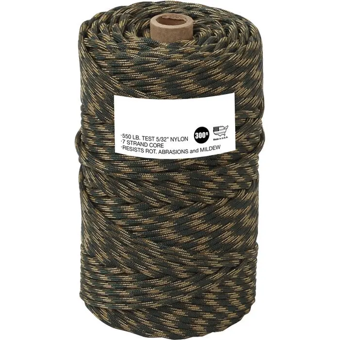 USA Made Military Grade 550 LB Tested Type III Paracord Rope - 300' Woodland Camouflage Heavy Duty Nylon Parachute Synthetic Rope