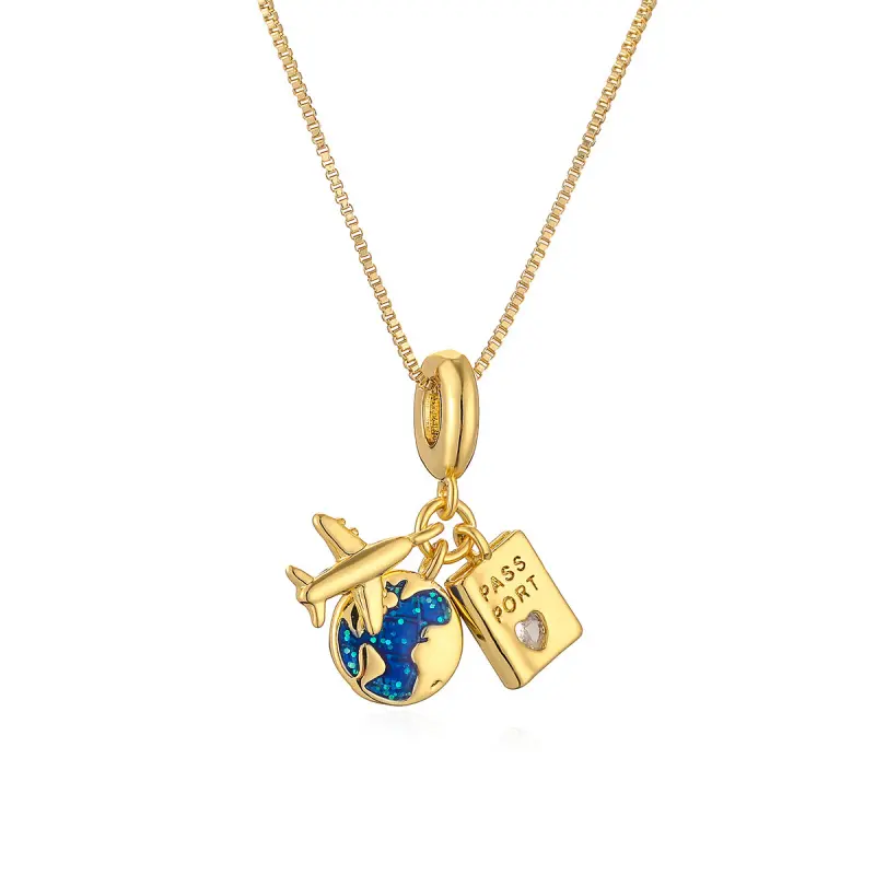 Women's Gold-Plated Eco-Copper Wanderlust Necklace - Globe, Airplane, Passport Charms, Cubic Zirconia Accents, 45 + 5Cm Adjustable Chain, Simple Look, Inspirational Gift for Travelers, Kindness, Casual Wear