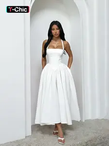 Women's A-Line Dress with Halter Neckline, Fitted Waist Design, Plain Pattern, Fashion Style, Perfect for Daily Wear & Special Occasions, Womenswear
