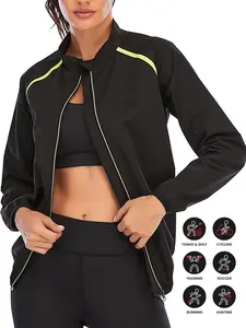 Women's Reflective Silver Color Sauna Suit, Contrast Zip Long Sleeve Fitness Top, Women's Sweat Workout Set, Yoga Heating Sweating Jacket, Lightweight Sports Jacket