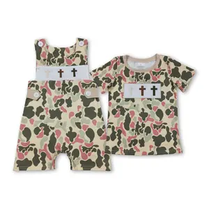 Baby Boy Easter Clothing Camo Cross Embroidery Boy Easter Romper Onesie