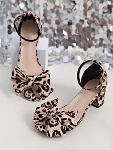 Women's Fashion Leopard Print Bowknot Design Heeled Sandals, Elegant Peep Toe Sandals for Party, Daily Clothing Decor for Women & Girls, Footwear