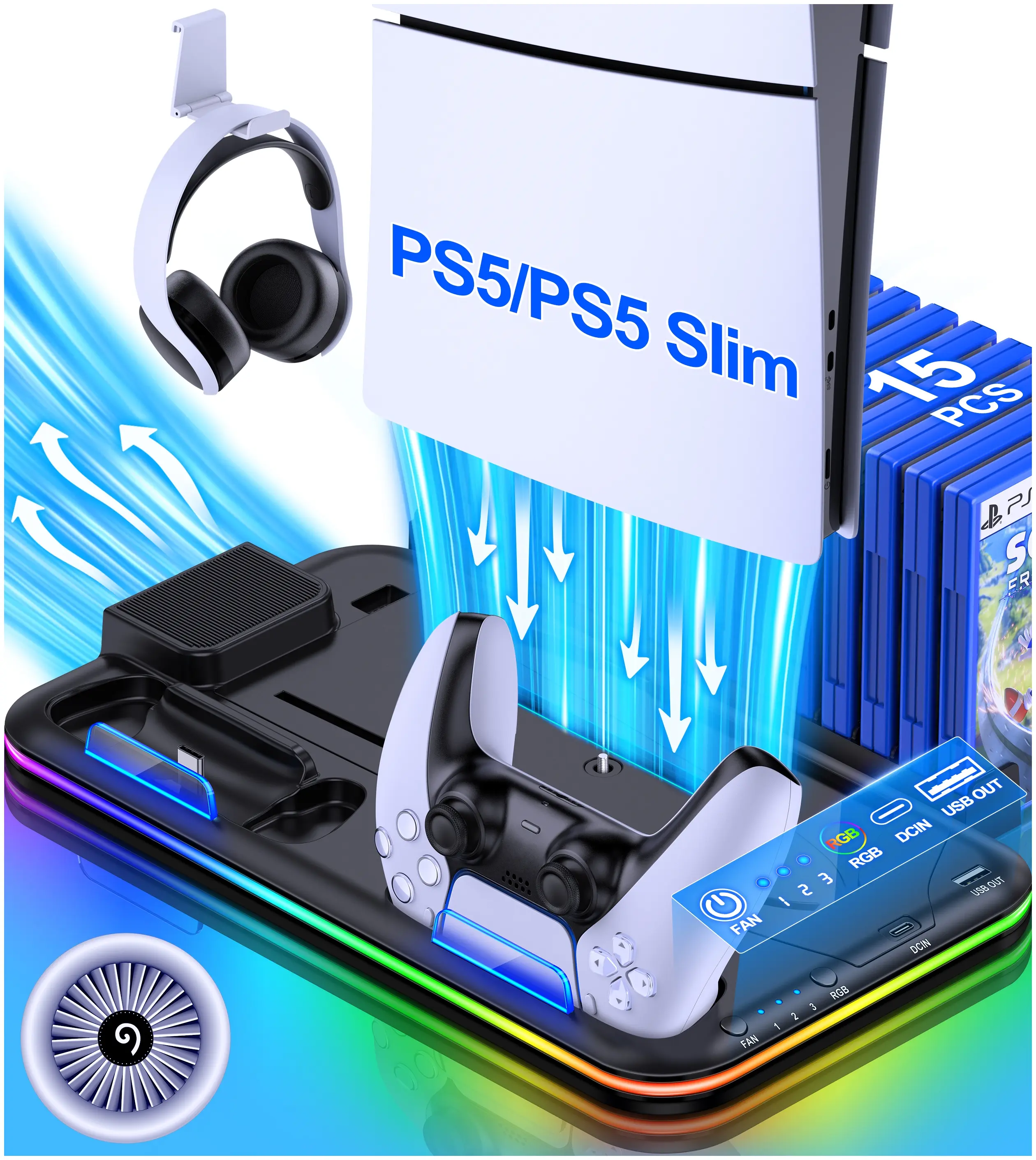 RGB PS5 Stand Accessories - Cooling Station with Fan, Controller Charging Station, RGB LED, Headset Holder, 15 Game Slots for PS5 Slim/Disc/Digital Models