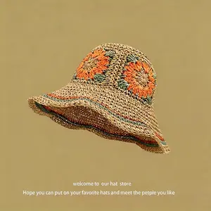 Jacquard Ethnic-Style Hand-Woven Straw Hat Foldable Fashionable Sunshade Versatile Fisherman Hat with Colorful Floral Design