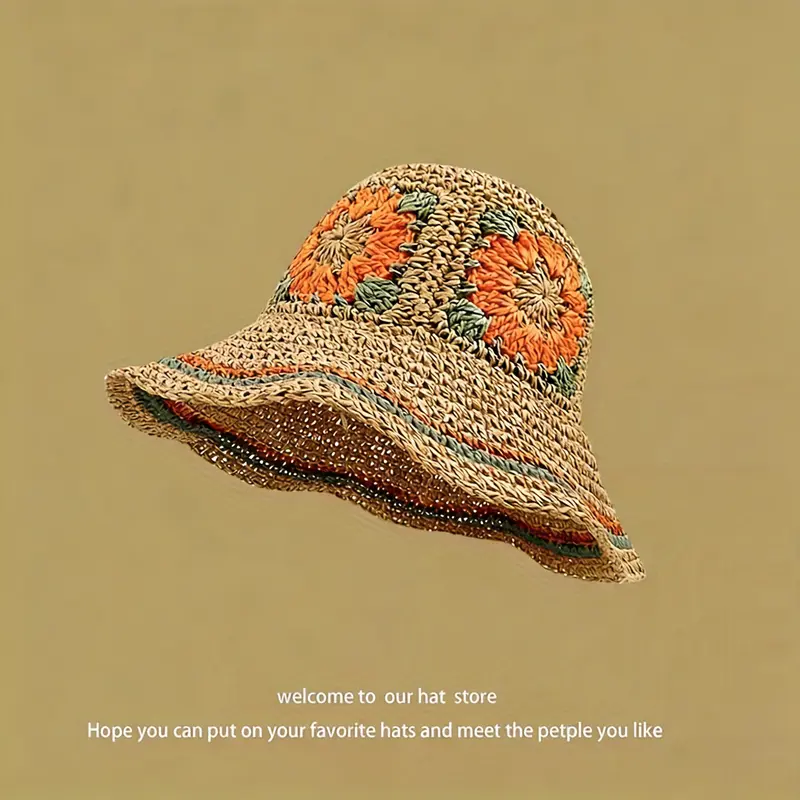 Jacquard Ethnic-Style Hand-Woven Straw Hat Foldable Fashionable Sunshade Versatile Fisherman Hat with Colorful Floral Design
