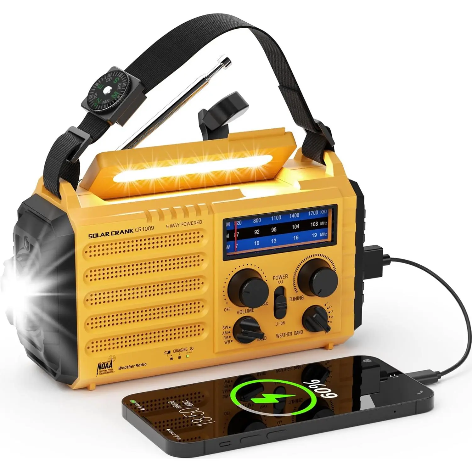 Emergency Weather Radio, 5 Ways Powered Crank Solar Radio, Portable AM/FM/SW/NOAA Weather Radio Battery Operated with Cellphone Charger, Camping Flashlight, Reading Lamp, SOS Alarm for Home Outdoor
