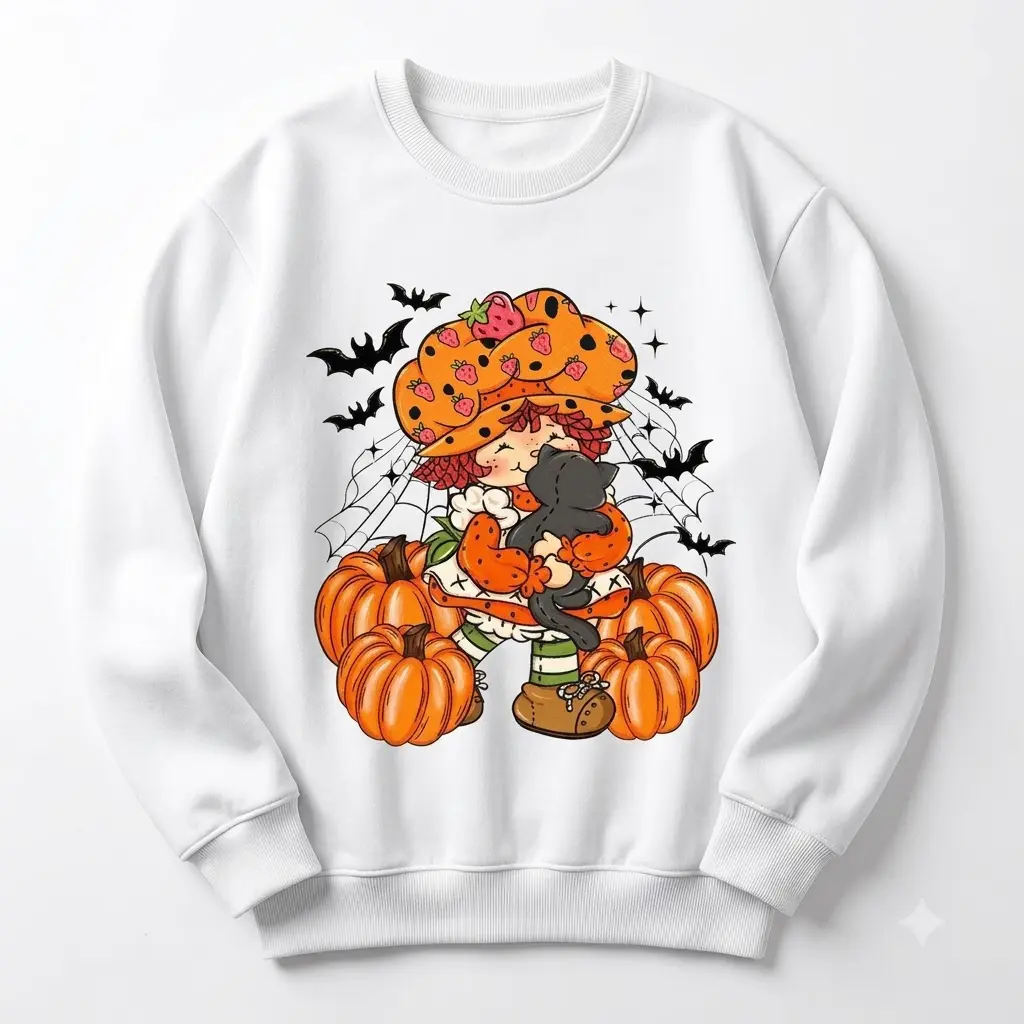 Retro Strawberry Shortcake Fall Sweatshirt, Halloween Strawberry, Pumpkin Patch Crewneck, Halloween Women Sweatshirt, Spooky Season, Cute Cozy Gift for Her