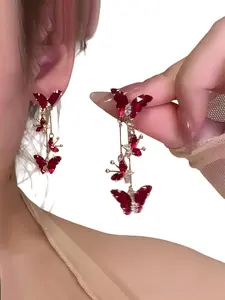 Vintage Floral Long Earrings, Butterfly Design, Casual Style, Alloy Material, All Seasons, Women's Fashion Jewelry