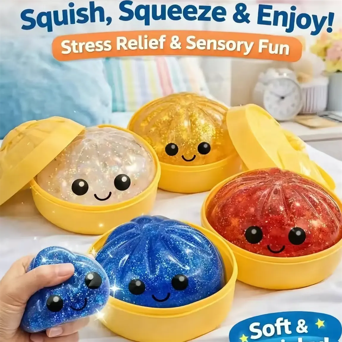 Dumpling Squishies, Mystery Glitter Dumpling Squishies Box, Colorful Dumplings Stress Balls Fidget Sensory Toy, Soft Squeeze Decompression Dough for Anxiety Relief Fidget, Kids Easter Basket Stuffers, Stress Relief Squishy, Squishy Sensory Fidgets