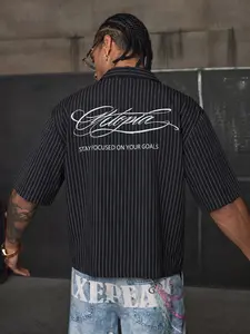 Men's Black Pinstripe Short Sleeve Button Up Shirt, Oversized Streetwear Camp Collar Shirt with "Uttopia" Script Print, Retro Urban Casual Top, Breathable Lightweight Shirt for Summer, Hip Hop, Street Style