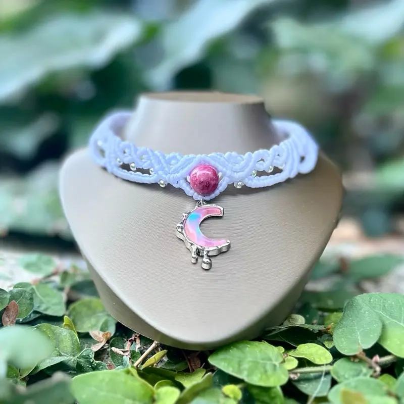 Female White Mini Macrame Choker, Chain Jewelry Necklaces with Pink Moon Pendant for Daily Wear