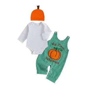 FOCUSNORM My First Halloween Baby Boy Outfit Newborn Pumpkin Romper + Plaid Overalls+ Hat 3Pcs Infant Boy Fall Clothes