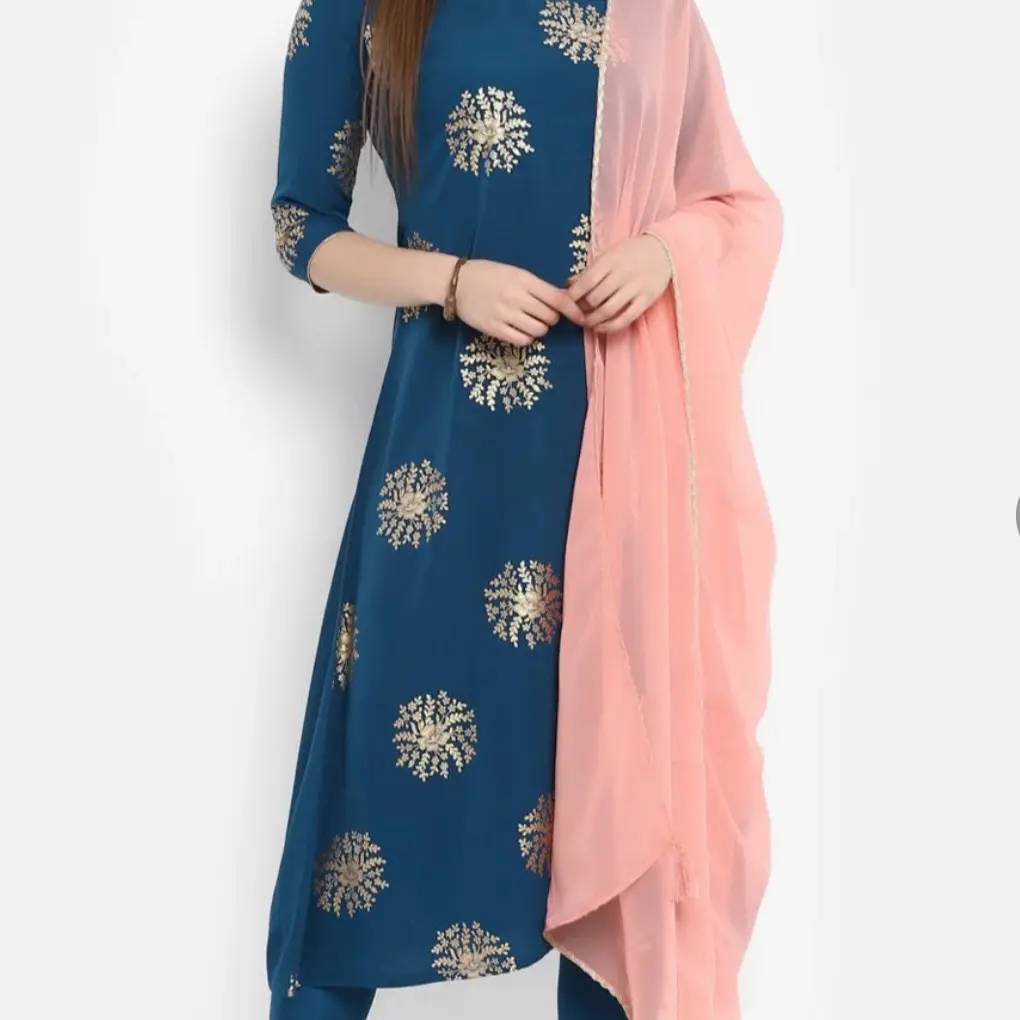 Teal Blue Crepe Silk foil print Kurta Set