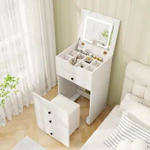 CHARMAID Small Vanity Desk Set, Makeup Vanity Table with Flip-up Lighted Mirror, Storage Bench, 2 Drawers, 8 Wheels, White Girls Dressing Table Nightstand for Small Space Bedroom