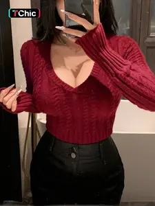 Women's Solid V Neck Cable Knit Sweater Tops, Casual Slim-fitting Long Sleeve Jumper for Fall & Winter, Women's Knitwear for Daily Wear, Knitted Top