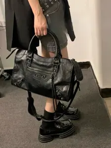 Vintage Black Leather Biker Bag - Large Capacity Shoulder Handbag for Daily & Travel Handheld Bag