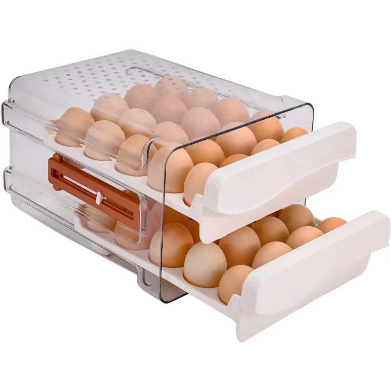 Clear 40 Capacity Egg Container for Refrigerator 2 Drawers Food Grade PP Dust Proof Moisture Proof Stackable with Time Scale for Freshness Easy to Store Transparent Design