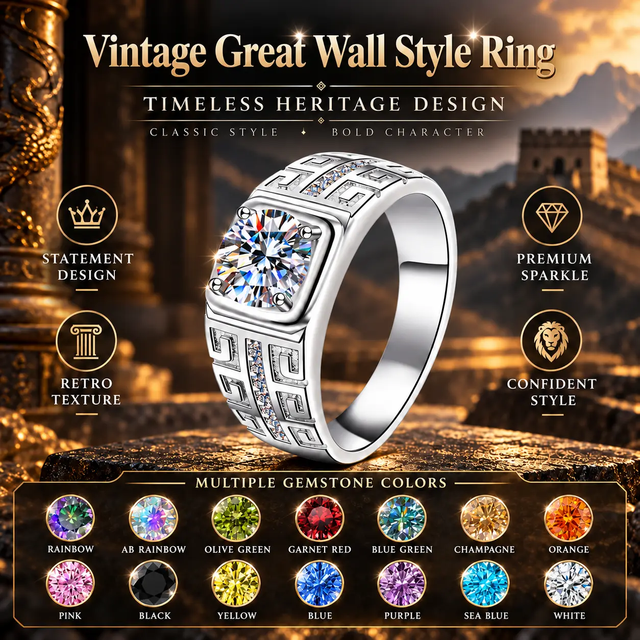 Loysun 1CT Vintage Geometric Ring for Men, Wide Band Statement Design, Retro Fashion Jewelry Gift for Him, Anniversary Birthday Valentine's Christmas