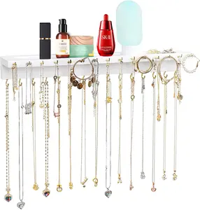 Necklace Holder, Upgraded Extra Large Wall Necklace Organizer with 30 Hooks Wall Mounted Necklace Hanger with Jewelry Tray/Cosmetics Shelf(White) Rotatable Circular Storage Wooden Boxes