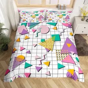 Feelyou Microfiber Decorative Duvet Cover Set, All-Season Vibrant Retro 80s-90s Geometric Grid 3D Memphis Print Bedding for Bedroom & Wall Decor, Soft, No Filler or Comforter