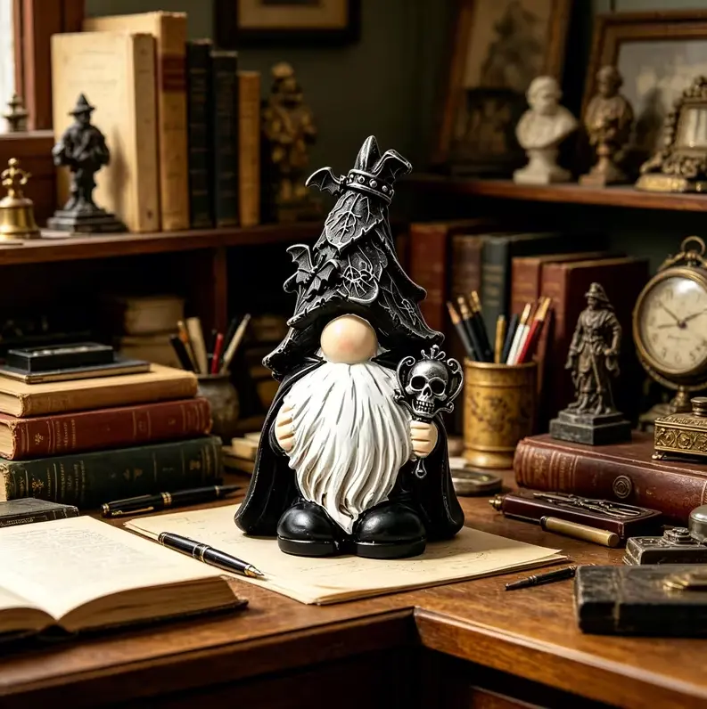 Gothic Halloween Gnome Figurine, Spooky Black and White Witch Gnome Statue with Skull and Bat Hat, Resin Tabletop Shelf Decor for Home Indoor Living Room Bedroom, Haunted House Party Supplies, Autumn Holiday Festival Gift