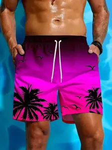Men's Palm Tree 3D Print Beach Shorts, Fashionable Breathable Drawstring Waist Swim Trunks, Casual Geometric Pattern, Drop Waist H-Type, Swimming Shorts