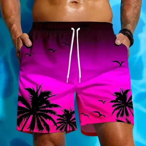 Men's Palm Tree 3D Print Beach Shorts, Fashionable Breathable Drawstring Waist Summer Swim Trunks, Summer Swim Bottoms, Casual Geometric Pattern, Drop Waist H-Type, Swimwear Shorts