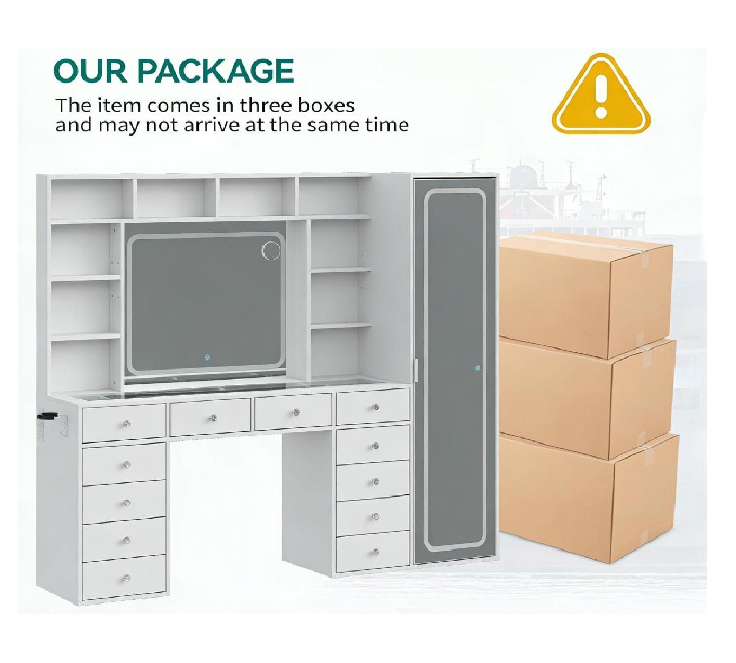 [Shipping by 3 Packages] FUSOU 2-in-1 Vanity Desk Full Length Mirror & LED Mirror with Power Outlet, Makeup Vanity 14 Drawers & 10 Shelves, Hidden Storage Capacity, Dimmable & 3 Color Lighting Dressing Table for Bedroom, White,Shipping by 3 Packages