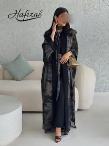 Hafizah Fashion Shawl Robe Set with Headscarf, Chiffon Print Trendy Outerwear, Casual Long Coat Two-Piece Set, Stylish and Comfortable, Abaya Hijab Set