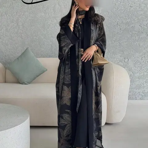 Hafizah Shawl Robe Set with Headscarf, Trendy Chiffon Print Outerwear, Casual Long Coat Two-Piece Abaya Hijab Set, Modest Islamic Abaya, Islamic Modesty Clothes, Modest Muslim Outfits For Muslim