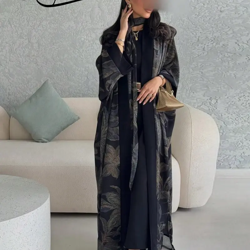 Hafizah Shawl Robe Set with Headscarf, Trendy Chiffon Print Outerwear, Casual Long Coat Two-Piece Abaya Hijab Set, Modest Islamic Abaya, Islamic Modesty Clothes, Modest Muslim Outfits For Muslim