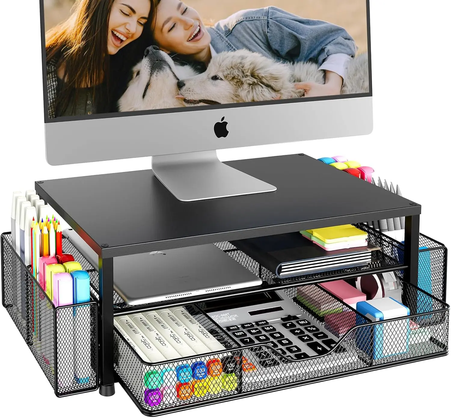 Black 2-Tier Office Desk Organizer with Monitor Stand Riser, Drawer, 2 Pen Holders and Laptop Stand for Office Supplies, Two Tier