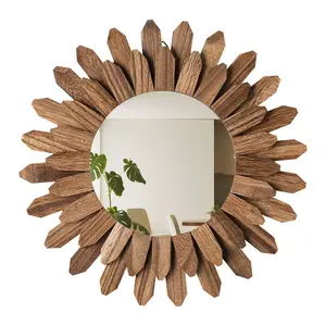 VEVOR Wall Mirror Decorative, 12-inch Rustic Wood Wall Decor Mirror, Boho Sunburst Aesthetic Mirrors for Bedroom Living Room Bathroom Entryway - Warming Gifts for New Home (Carbonized Black)