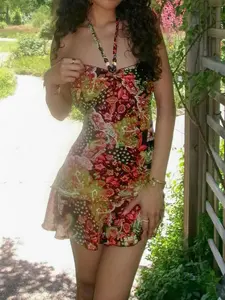 Bohemian Boho Ethnic Style Irregular Color Block Floral Print Halter Dress. Casual Wear Fashion Slim Retro Micro Skirt. Niche Hot Girl Vintage Vibe Backless Sleeveless Short Dress for Holiday Vacation. Womenswear