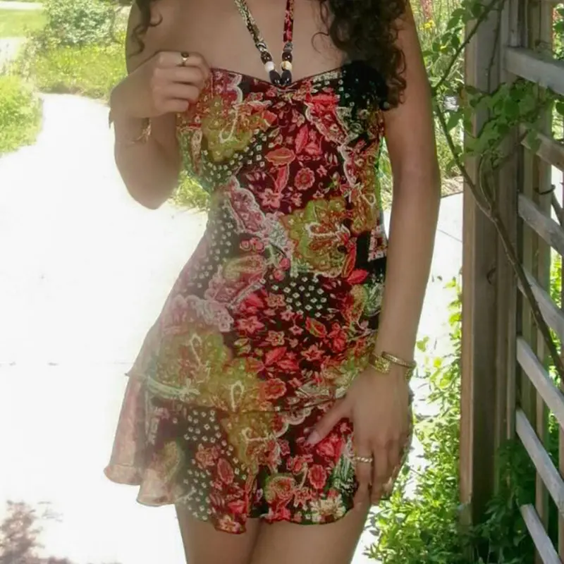Bohemian Ethnic Style Irregular Color Block Floral Print Halter Dress. Slim Retro Micro Skirt. Niche Hot Girl Vintage Vibe Backless Sleeveless Short Dress for Holiday Vacation. Bohemian Aesthetic Bohemian Dresses