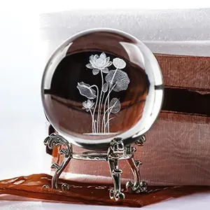 3D Engrving Crystal Lotus Flower Figurine Crystal Ball with Sliver-Plated Flowering Stand Glass Decorative Ball Sphere for Home Decor 2.3 inch (60mm)