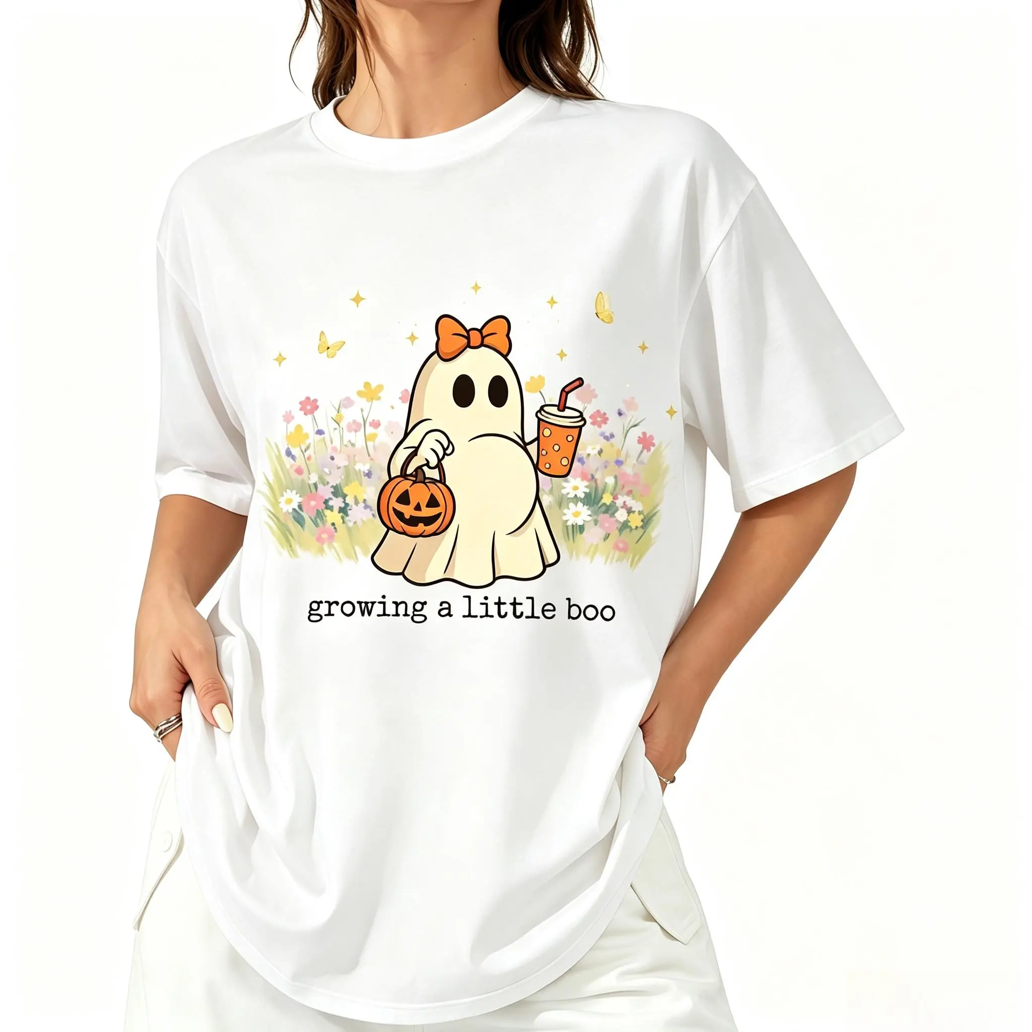 Halloween Maternity Shirt, Growing A Little Boo, Funny Pregnancy Announcement  Shirt, Spooky Pregnant Costume, New Mommy Cotton Fabric