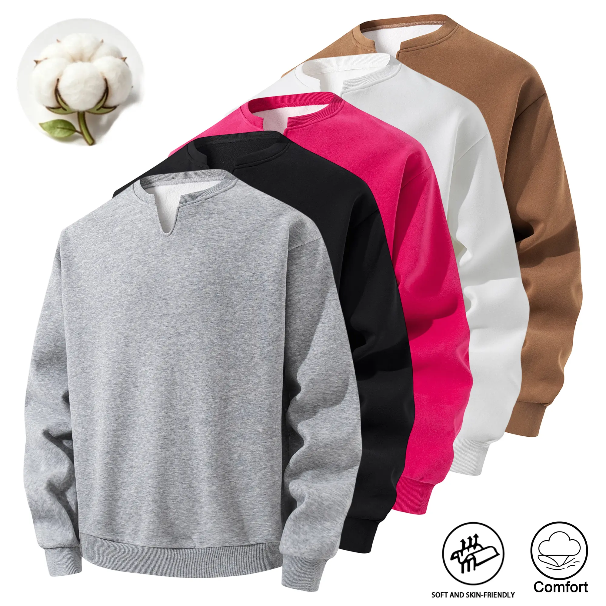 Men’s cotton American minimalist V-neck sweatshirt, solid color basic drop-shoulder long-sleeve casual layering top for spring/autumn