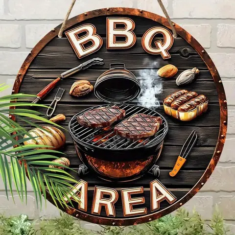 Wooden BBQ Theme Round Hanging Sign, Hanging Decorative Plaque, 1 Count Creative Grill Area Hanging Ornament, Wall Decor Western Decor Home Decor Products for Home Garden Balcony Party, Yard Sign