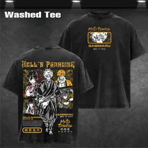 Hells Paradise Gabimaru Sagiri Yuzuriha Chobei Toma Anime Shirt Vintage Washed Oversized Tee Yellow Graphic Back Print Heavy Cotton Streetwear Manga Gift