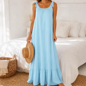 2026 Women's Summer New Fashion Solid Color Casual Loose Versatile Suspender U Neck Pleat Simple Beach Style Dress for Women