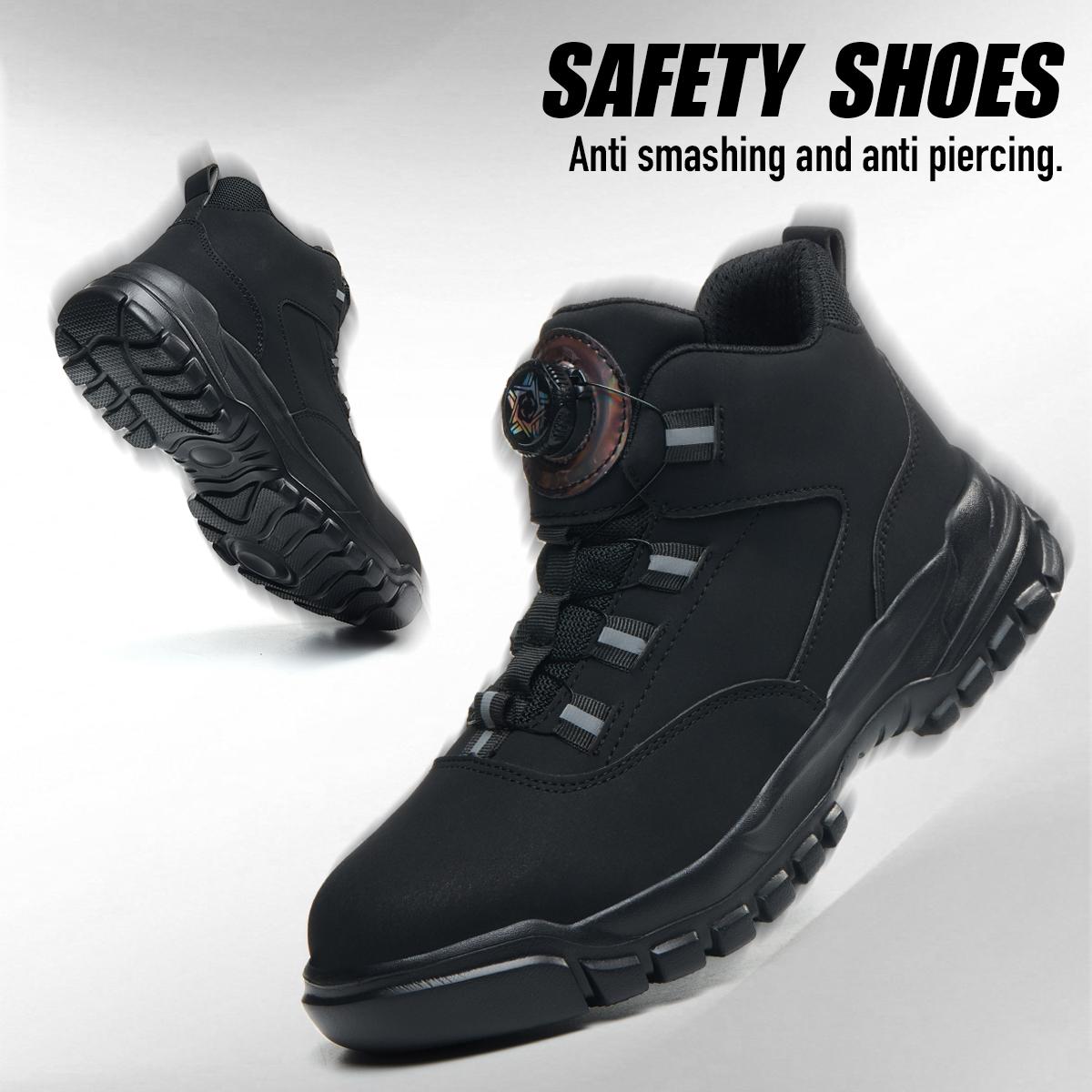 Men’s safety shoes with steel toes, impact-resistant and puncture-proof; non-slip, wear-resistant high-top safety boots; quick lace-up with rotating buttons; waterproof, splash-resistant upper; suitable for construction sites, durable and long-lasting.