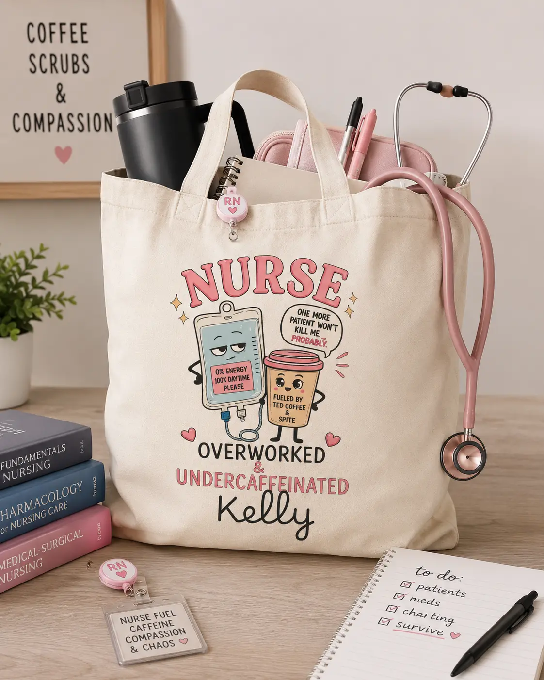 Personalized Nurse Overworked Undercaffeinated Tote Bag | Nurse Canvas Tote