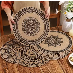 6-piece set of round Bohemian style jute printed woven placemats, easy to clean, 15-inch black printed round placemats, suitable for table decoration, Christmas decoration, wedding decoration, Valentine's Day decoration, and easy to store.