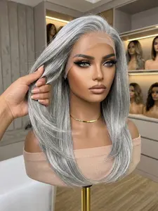 Topshe Handmade Lace Synthetic Wig, 20 Inch Silver Color Fashion Design, Medium Length Straight Hair, Lace Frontal Wigs, Perfect for Parties and All Seasons