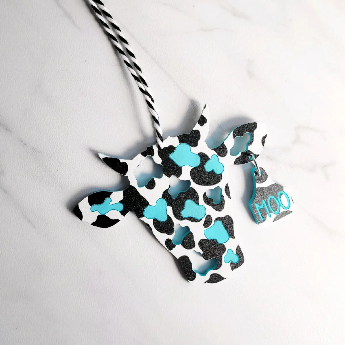 Black, white and turquoise acrylic Cow Head Car charm, rear view mirror country interior car accessory